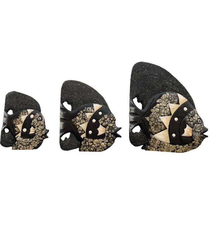 Modern 3-piece wooden coastal table décor set, featuring fish adorned with shell decorated mosaic