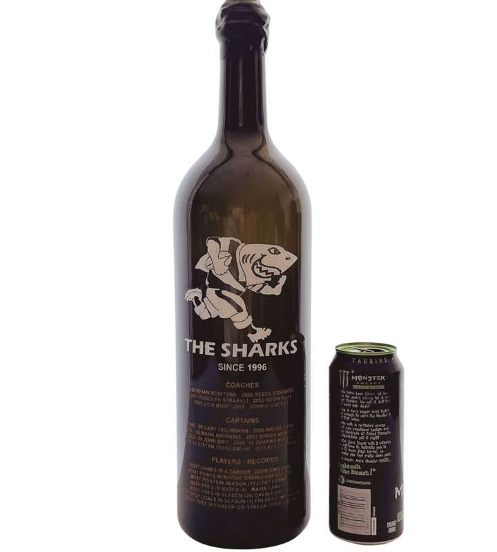Large 47cm  Rugby Memorabilia: Engraved Sharks Wine Bottle - Tribute to Legends