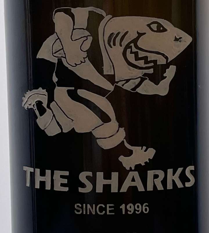 Large 47cm  Rugby Memorabilia: Engraved Sharks Wine Bottle - Tribute to Legends