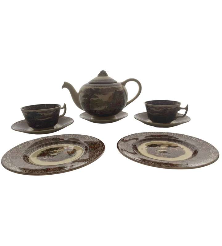 Antique Royal Staffordshire Pottery Jenny Lind 1795 Castle Scene Tea Set - 9 Pieces