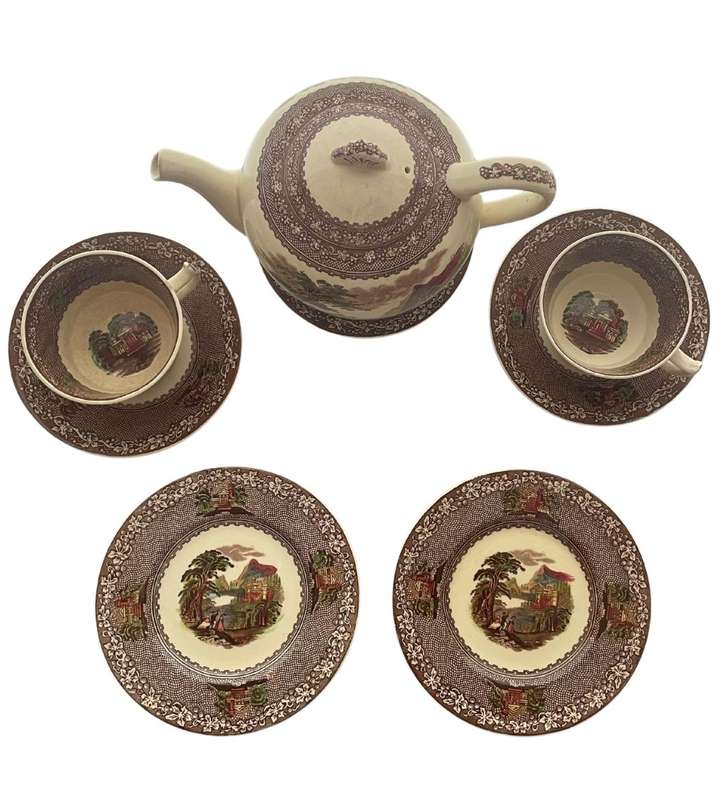 Antique Royal Staffordshire Pottery Jenny Lind 1795 Castle Scene Tea Set - 9 Pieces