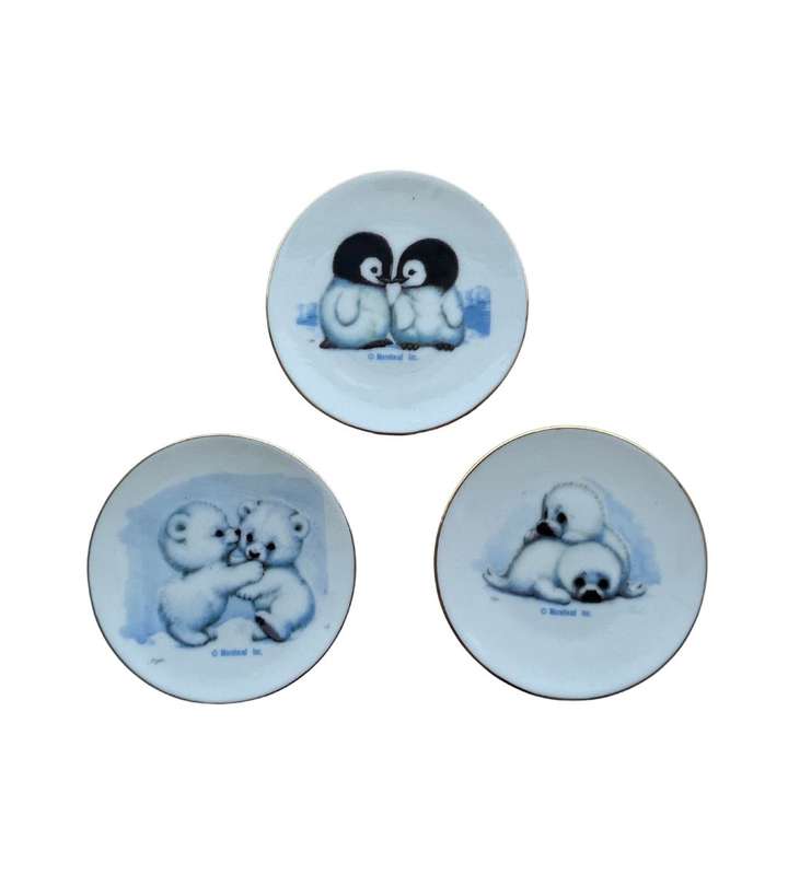 3 Piece Tiny Vintage Morehead Inc. 1984 Porcelain Collectors Plates Set - Cute Animalier Scenes
