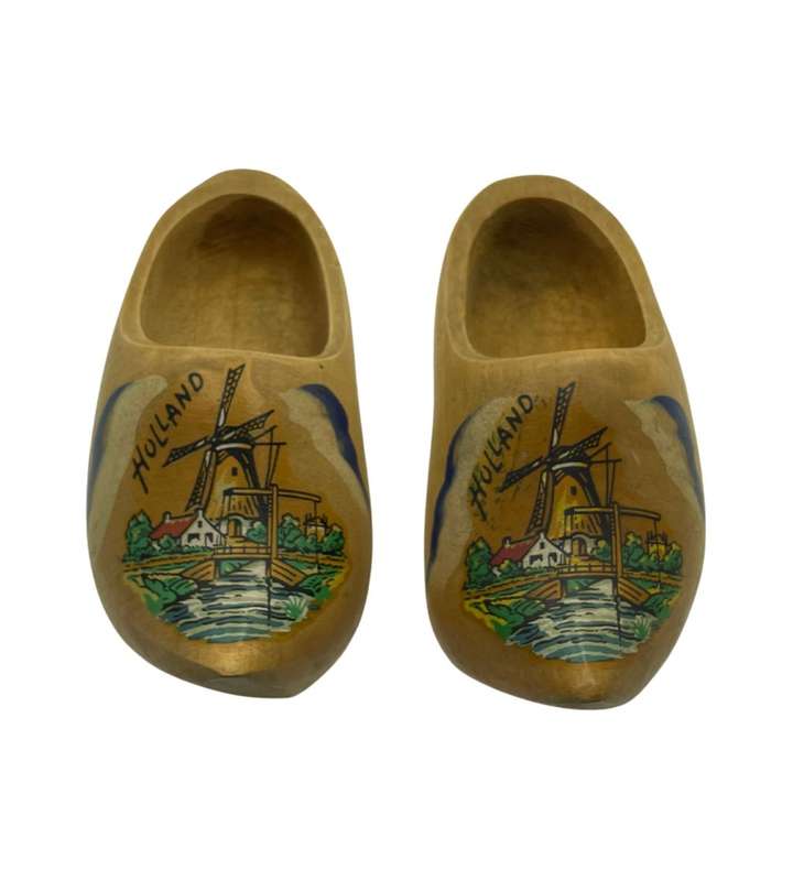 1950s Holland Wooden Clogs with Windmill Scene - Hand Carved and Decorated - 16cm