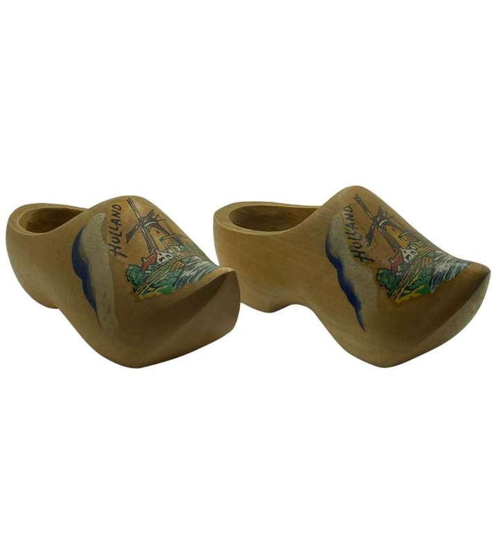 1950s Holland Wooden Clogs with Windmill Scene - Hand Carved and Decorated - 16cm
