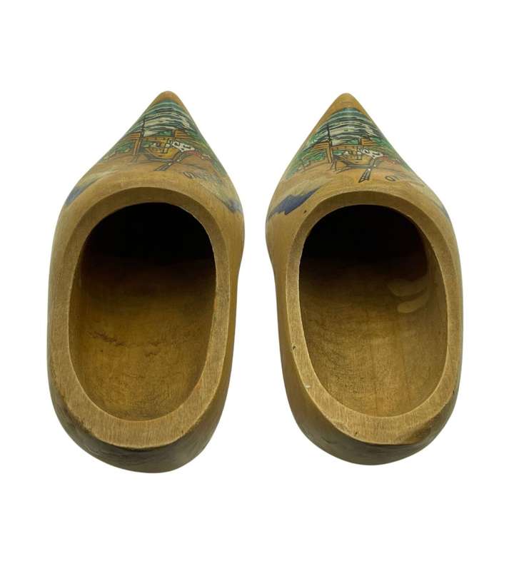 1950s Holland Wooden Clogs with Windmill Scene - Hand Carved and Decorated - 16cm