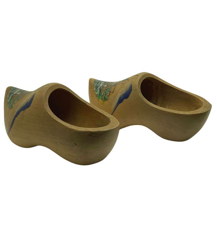 1950s Holland Wooden Clogs with Windmill Scene - Hand Carved and Decorated - 16cm