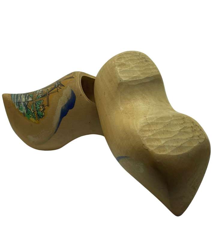 1950s Holland Wooden Clogs with Windmill Scene - Hand Carved and Decorated - 16cm