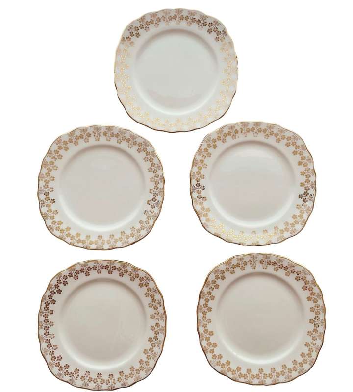 Vintage Royal Malvern Bone China Tea Plates Set - 1955-1964 - Hand Decorated Gold Floral Details - 1