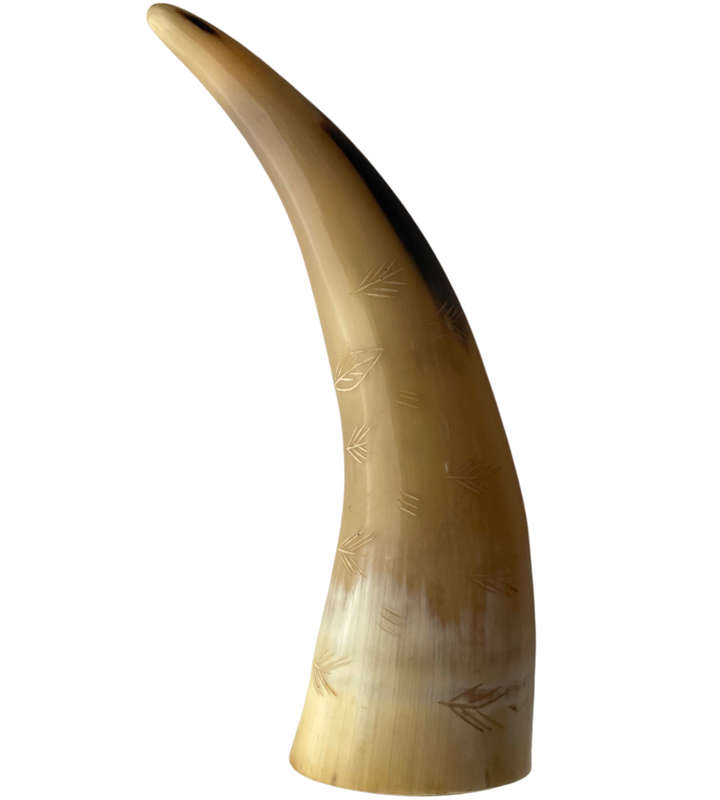 Handcrafted Polished Horn Maraca with Engraved Grass and Leaves