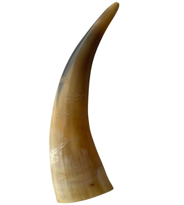 Handcrafted Polished Horn Maraca with Engraved Grass and Leaves