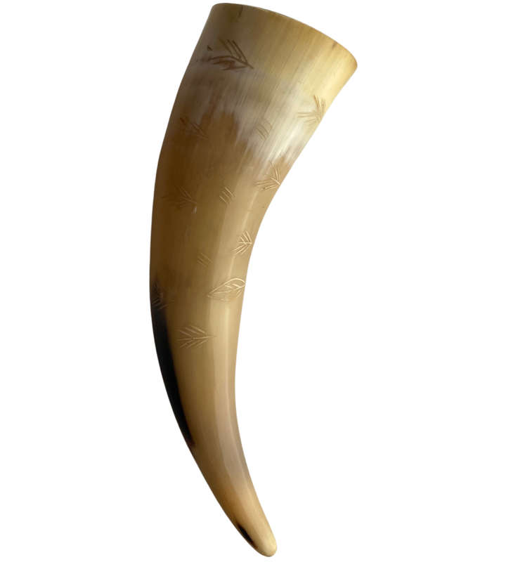 Handcrafted Polished Horn Maraca with Engraved Grass and Leaves