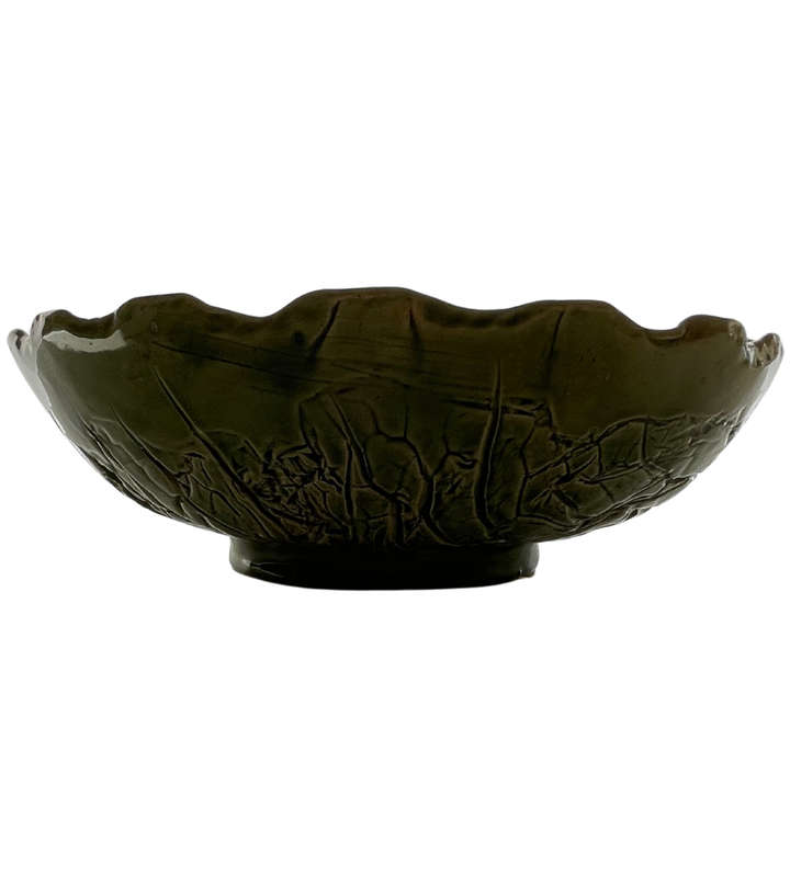 Large 28cm Majolica Serving Bowl with Foot Rim - Vintage Green Glazed Ceramic