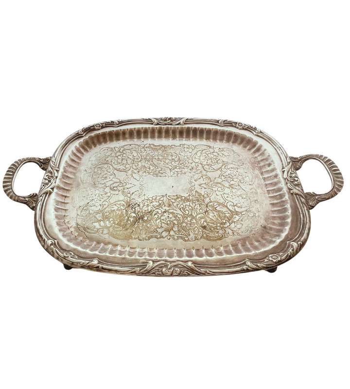 Vintage EMESS Silver Plated Serving Tray - Large, Footed, Ready for Restoration
