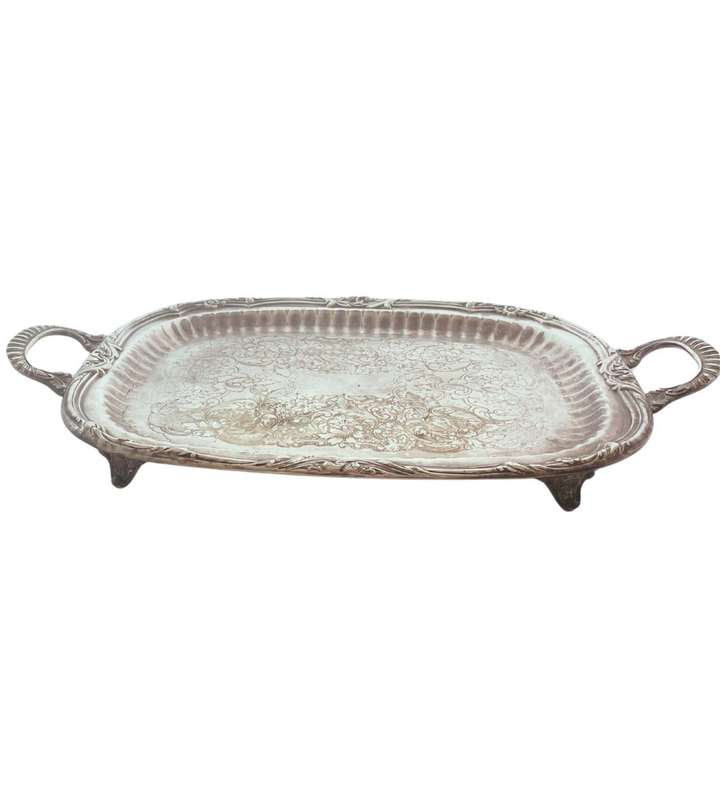 Vintage EMESS Silver Plated Serving Tray - Large, Footed, Ready for Restoration