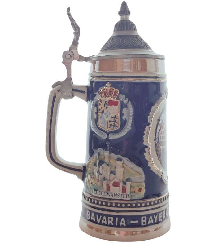 German Bavaria Beer Stein: Alwe Made, 20cm, Frankfurt, Berlin, Neuschwanstein Pictorials