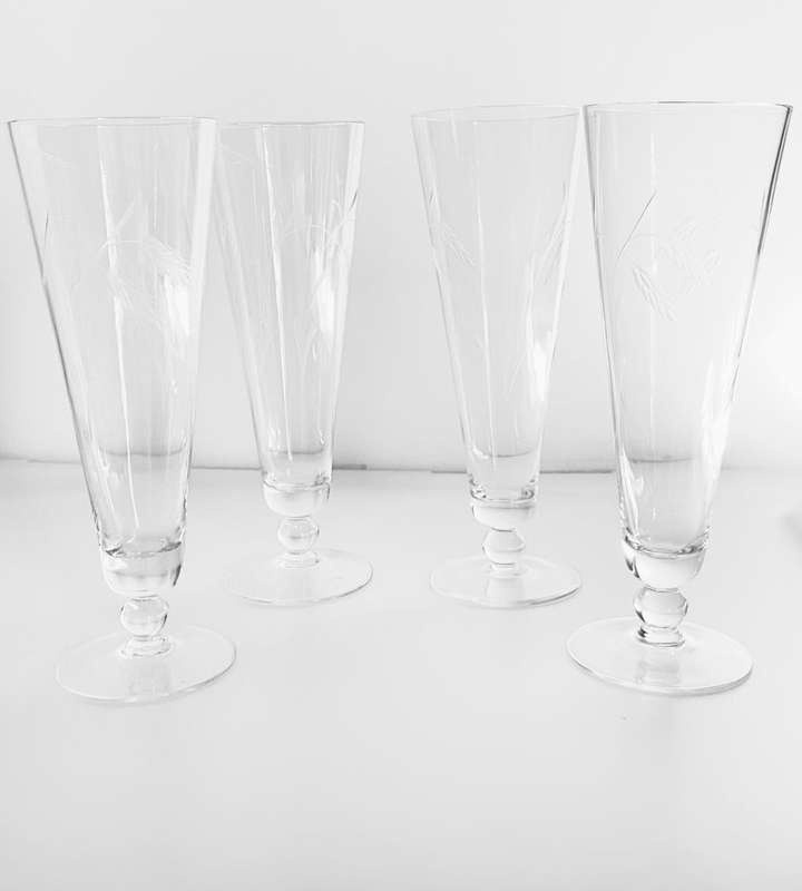 Reduced! Elegant Set of 4 Tall Crystal Wheat Cut Pilsner Glasses with Matching Hunt Crystal Jug