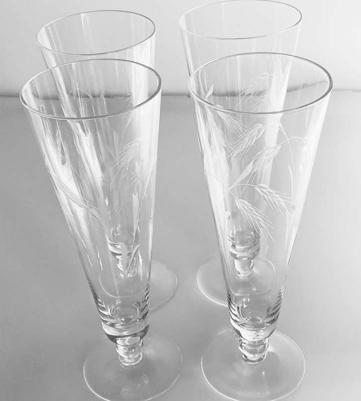 Reduced! Elegant Set of 4 Tall Crystal Wheat Cut Pilsner Glasses with Matching Hunt Crystal Jug