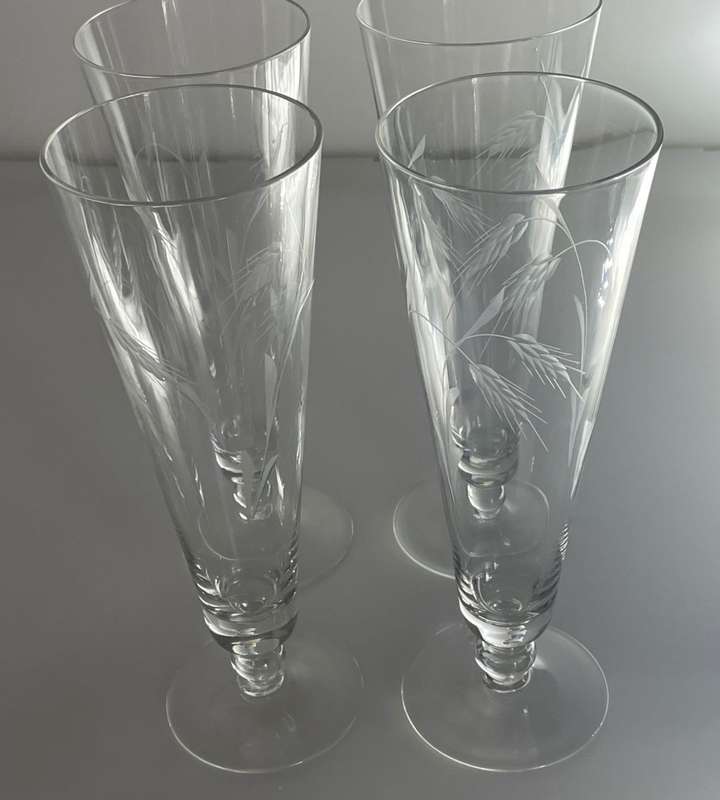 Reduced! Elegant Set of 4 Tall Crystal Wheat Cut Pilsner Glasses with Matching Hunt Crystal Jug