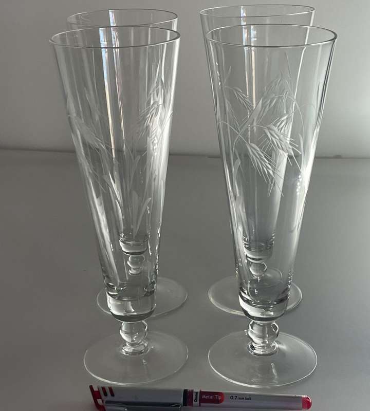Reduced! Elegant Set of 4 Tall Crystal Wheat Cut Pilsner Glasses with Matching Hunt Crystal Jug