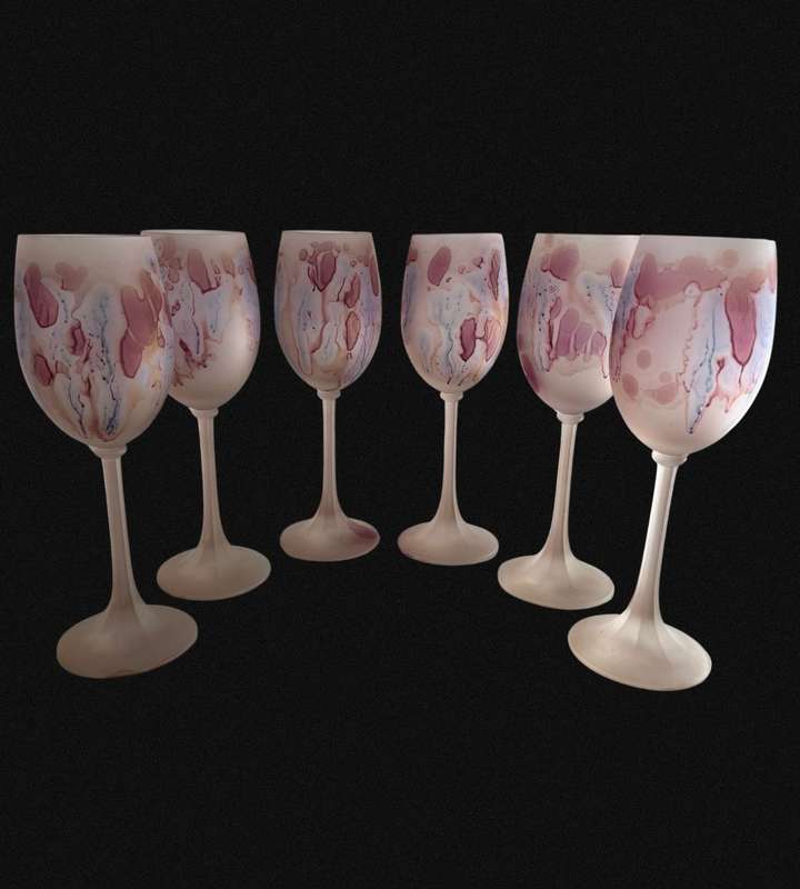 Exquisite 6-Piece Hand-Painted Hebron Frosted Pink Crystal Wine Set - Rare Holyland