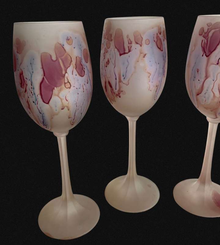 Exquisite 6-Piece Hand-Painted Hebron Frosted Pink Crystal Wine Set - Rare Holyland