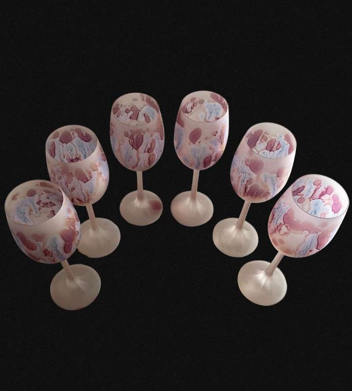 Exquisite 6-Piece Hand-Painted Hebron Frosted Pink Crystal Wine Set - Rare Holyland