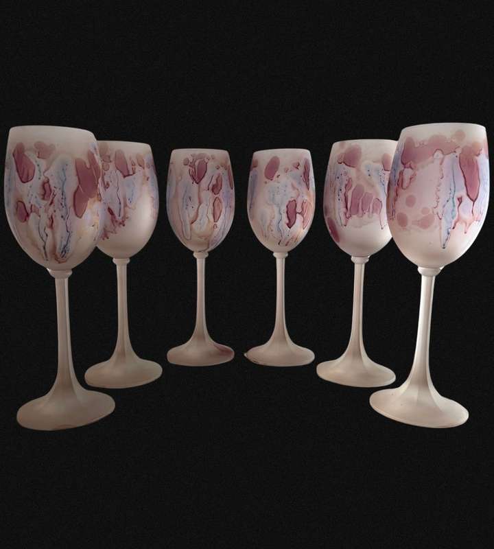 Exquisite 6-Piece Hand-Painted Hebron Frosted Pink Crystal Wine Set - Rare Holyland