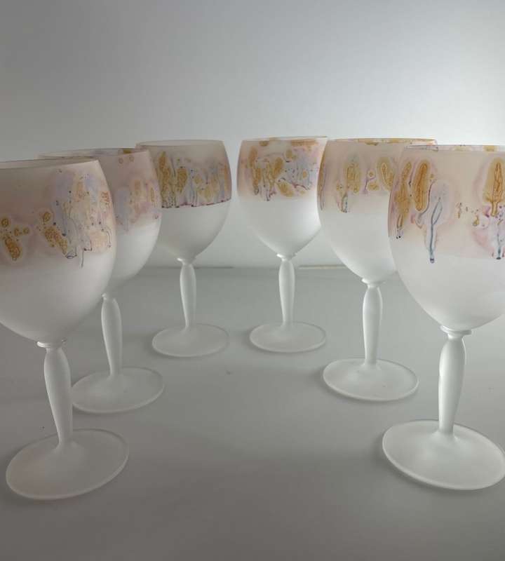 Art Nouveau Reuben 6-Piece Hand-Painted Hebron Frosted Crystal Wine Set - Holyland