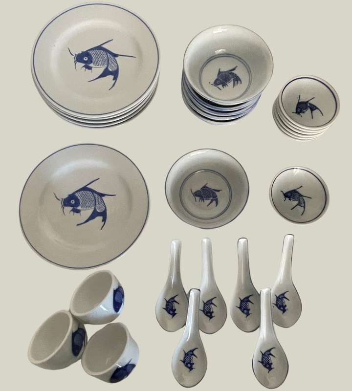 28-Piece Vintage Chinese Blue Koi Fish Dinnerware Set - Bowls, Plates, Spoons, Sauce Bowls, and Cups