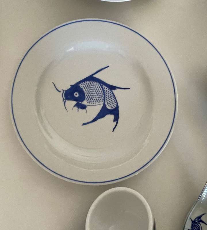 28-Piece Vintage Chinese Blue Koi Fish Dinnerware Set - Bowls, Plates, Spoons, Sauce Bowls, and Cups