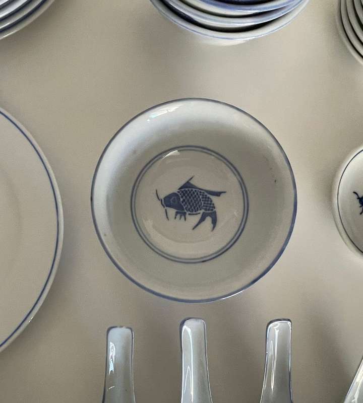 28-Piece Vintage Chinese Blue Koi Fish Dinnerware Set - Bowls, Plates, Spoons, Sauce Bowls, and Cups