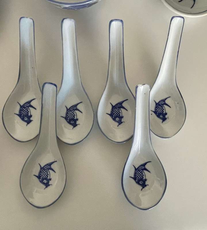 28-Piece Vintage Chinese Blue Koi Fish Dinnerware Set - Bowls, Plates, Spoons, Sauce Bowls, and Cups