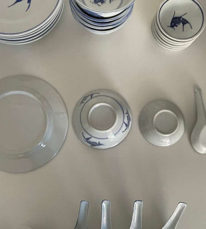 28-Piece Vintage Chinese Blue Koi Fish Dinnerware Set - Bowls, Plates, Spoons, Sauce Bowls, and Cups