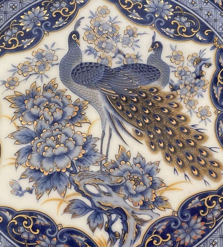 Vintage Japanese Imari Blue and Gold Peacock Display Plate - 16cm