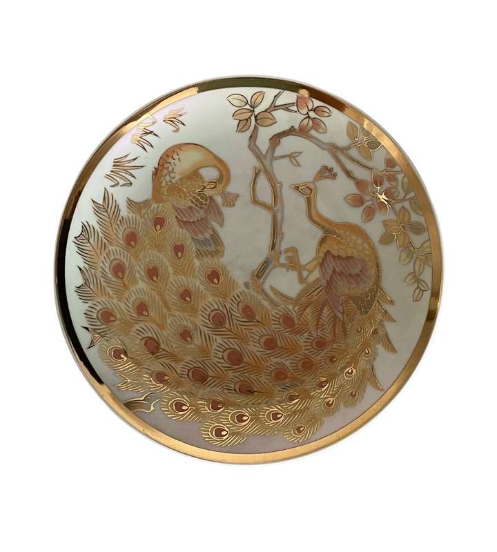 Small 16cm Vintage Japanese Pearlized Collector Plate with Golden Peacocks and Gold Trim