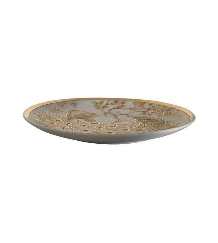 Small 16cm Vintage Japanese Pearlized Collector Plate with Golden Peacocks and Gold Trim