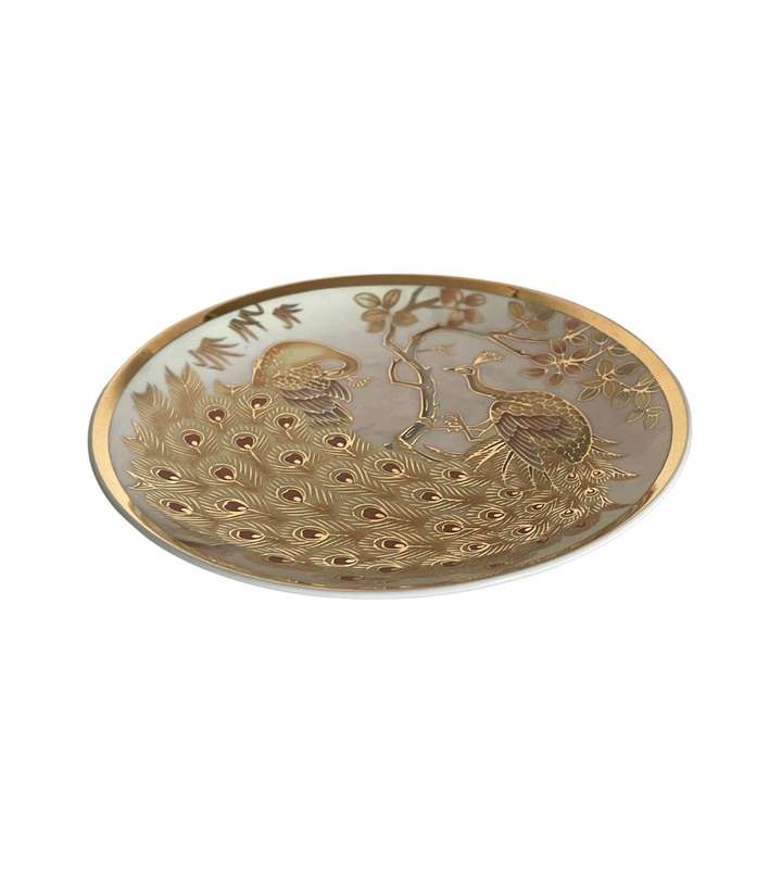 Small 16cm Vintage Japanese Pearlized Collector Plate with Golden Peacocks and Gold Trim