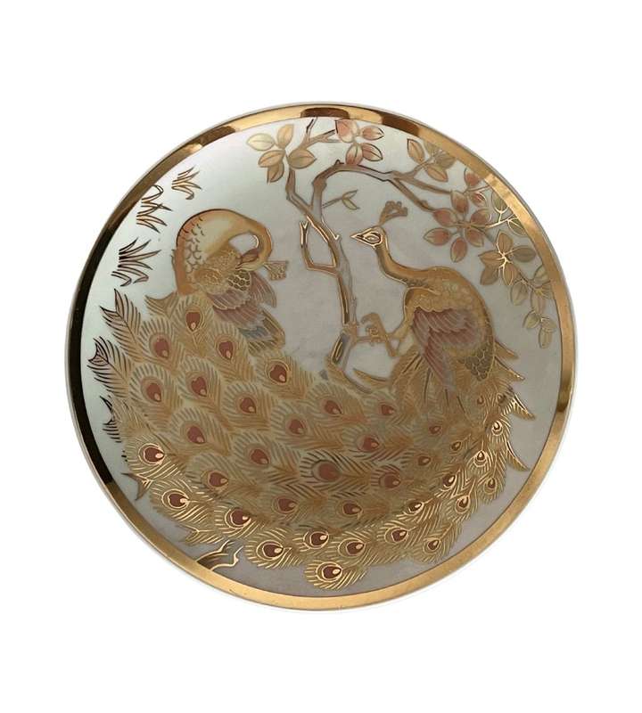 Small 16cm Vintage Japanese Pearlized Collector Plate with Golden Peacocks and Gold Trim