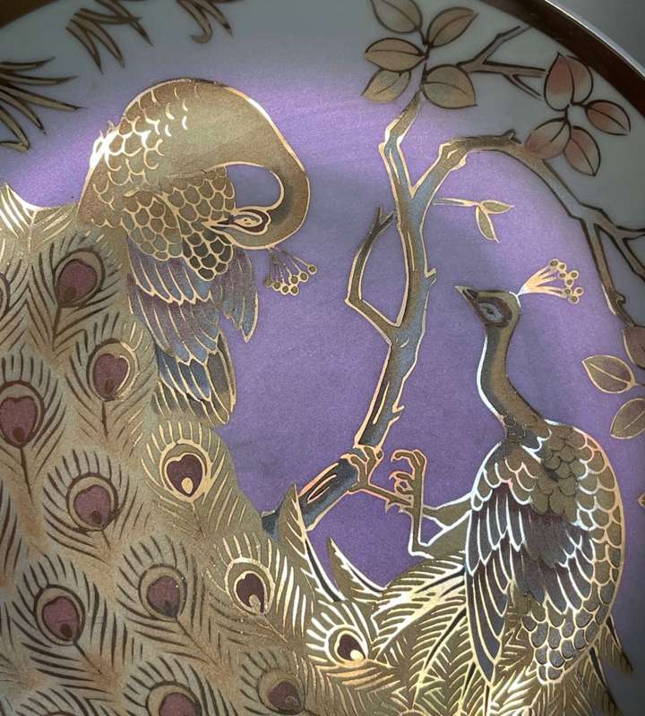 Small 16cm Vintage Japanese Pearlized Collector Plate with Golden Peacocks and Gold Trim