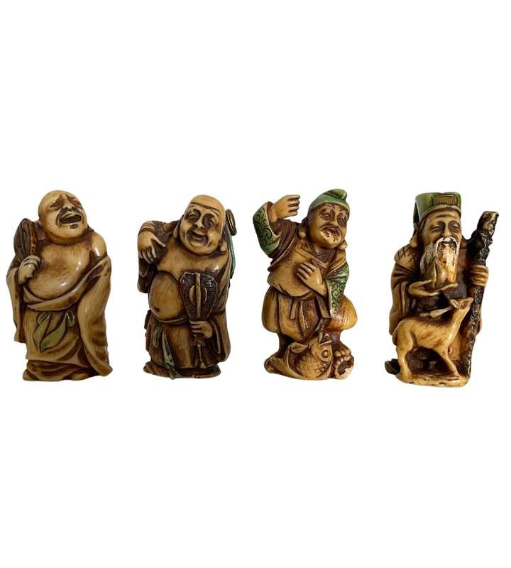 4 Japanese Netsuke Polychrome Resin Figurines, Signed `M` - Made in Italy