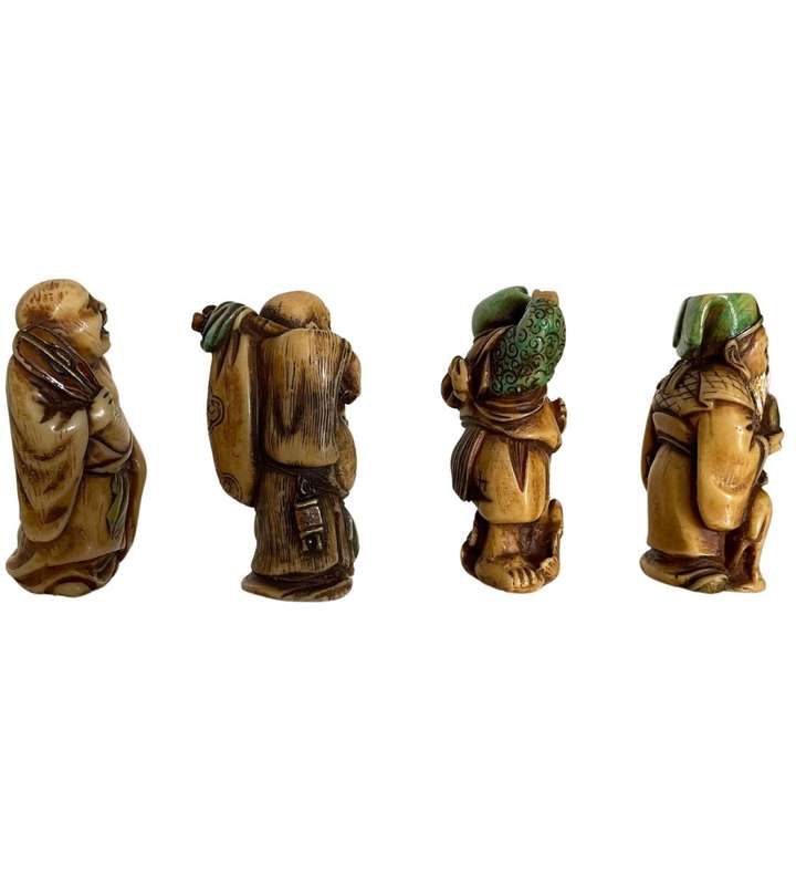 4 Japanese Netsuke Polychrome Resin Figurines, Signed `M` - Made in Italy