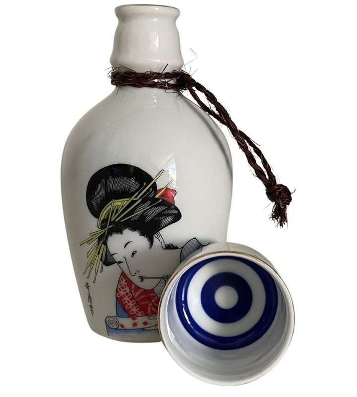 Vintage Japanese Porcelain Geisha Sake Bottle and Cup Set - 180ml Ukiyo-e Tokkuri