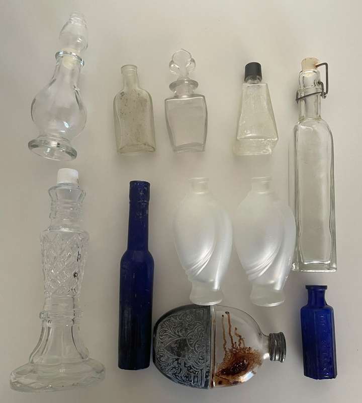 Reduced! Collection of 11 Antique and Vintage Glass Collector`s Bottles - Rare Bottles