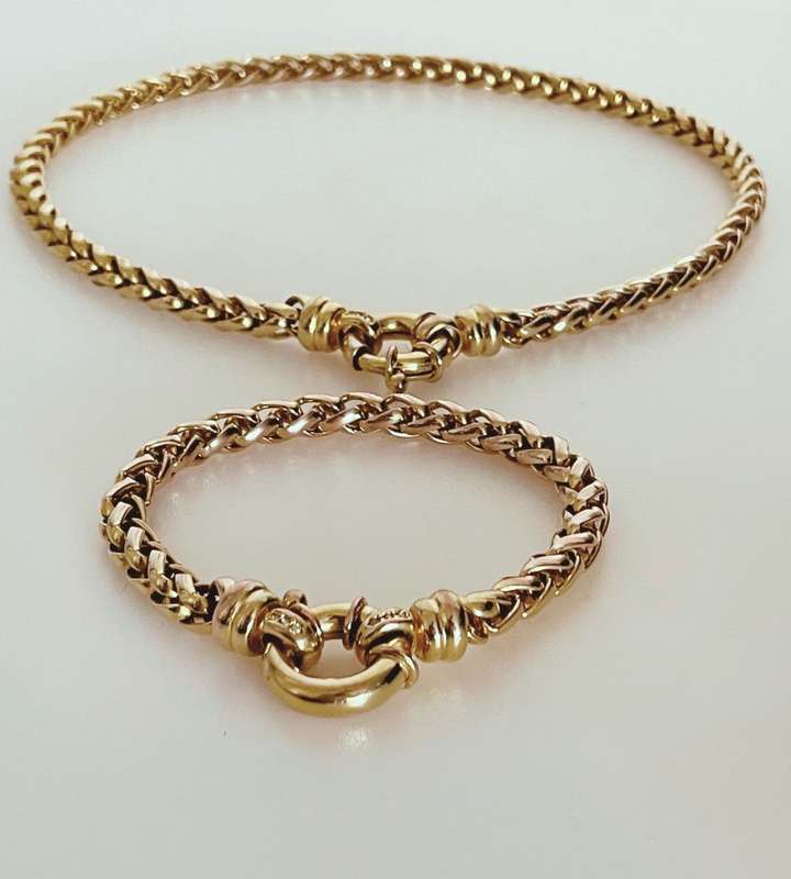 Vintage Solid Wheat Chain Necklace and Bracelet Set - Yellow Gold Plated