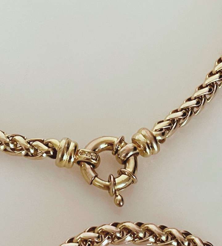 Vintage Solid Wheat Chain Necklace and Bracelet Set - Yellow Gold Plated