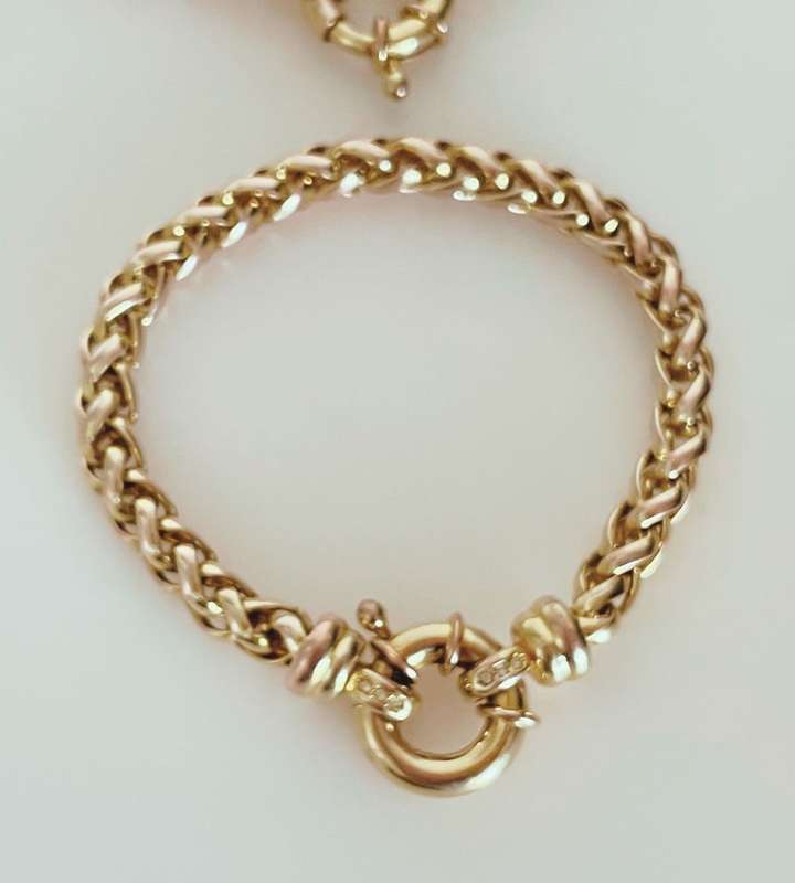 Vintage Solid Wheat Chain Necklace and Bracelet Set - Yellow Gold Plated