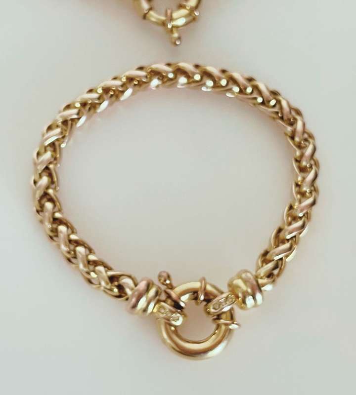 Vintage Solid Wheat Chain Necklace and Bracelet Set - Yellow Gold Plated