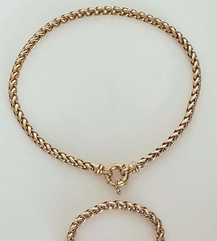 Vintage Solid Wheat Chain Necklace and Bracelet Set - Yellow Gold Plated