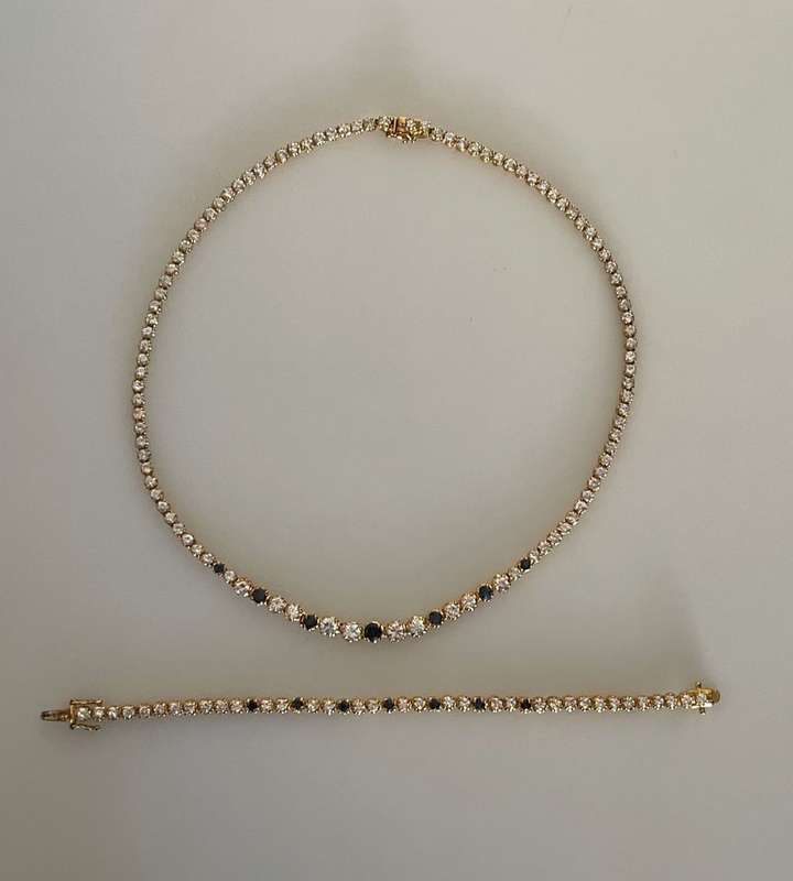 Reduced! Vintage 925 Sterling Silver Sapphire & Diamond Cut CZ Tennis Bracelet and Choker Necklace
