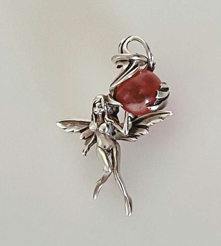 Unique Sterling Silver Zen Nymph Fairy Pendant with Dark Pink Calcite Ball